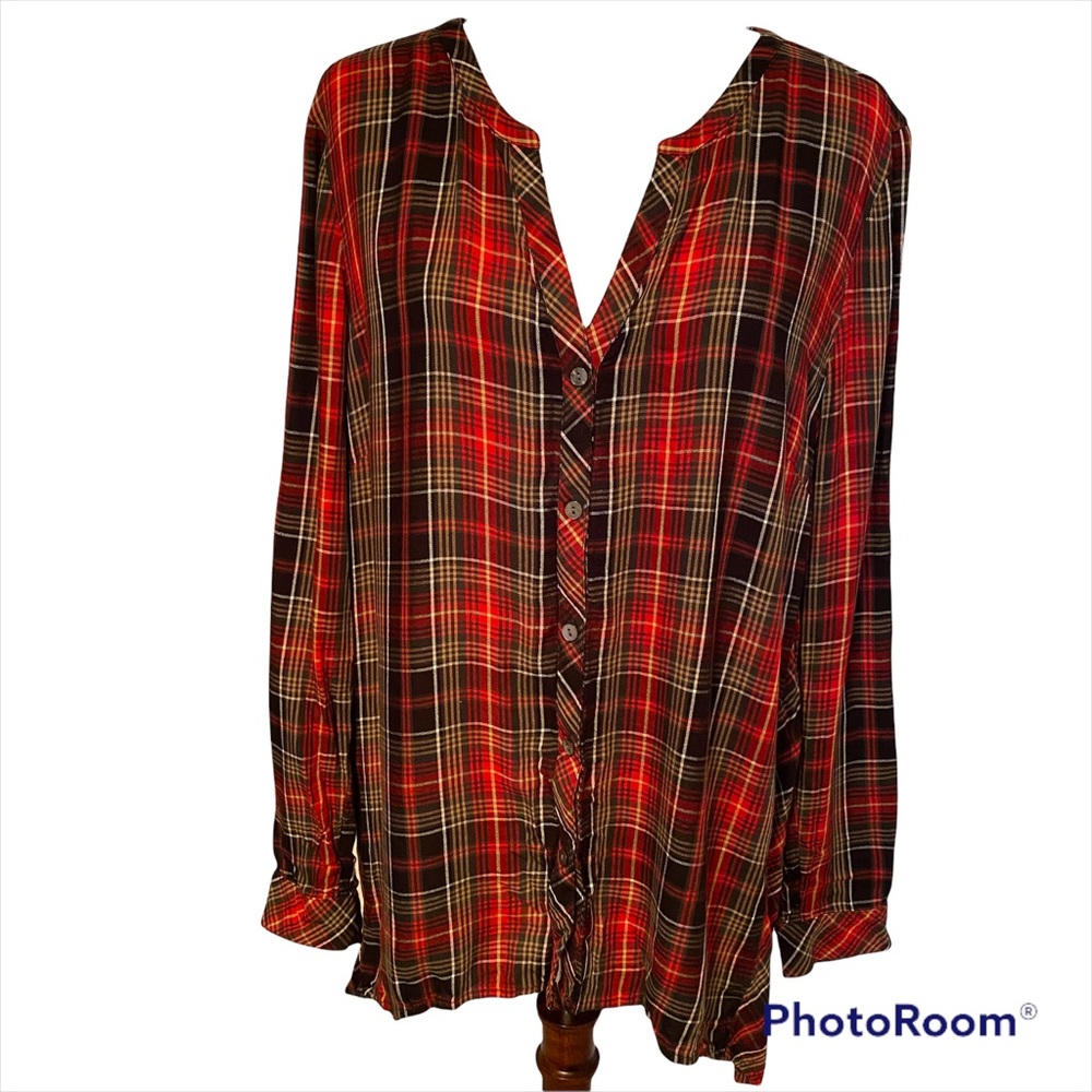 J. JILL TOP TUNIC RED WHITE BLACK GREEN PLAID BLOUSE BUTTONS LONG SLEEVE Size L